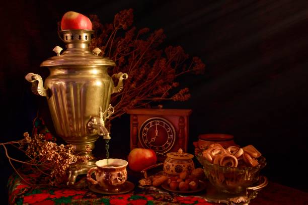 istock Closeup shot of a golden samovar and vintage tableware 1439454520