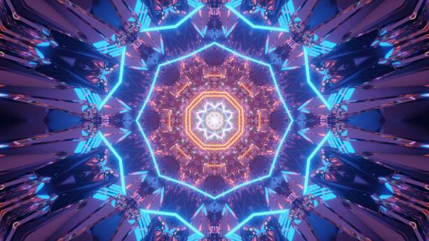 istock Cosmic background with blue and orange laser lights patterns - perfect for a digital wallpaper 1439454832
