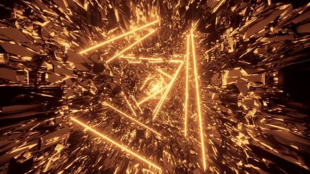 istock Cosmic background with black and gold laser lights patterns - perfect for a digital wallpaper 1439454843