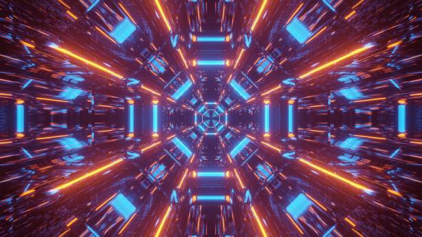 istock Cosmic background with blue and orange laser lights patterns - perfect for a digital wallpaper 1439454844