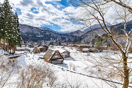 The beautiful historic Villages of Shirakawa-go and Gokayama, Japan during winter with Gassho-style houses