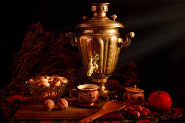 istock Closeup shot of a samovar in a beautiful interior setting on a black background 1439455256
