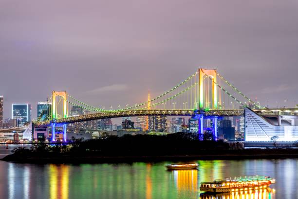 istock Tokyo skyline and the lit Rainbow Bridge at night 1439455445