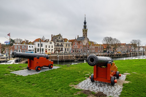 The cannons in the historic city of Veere, Zealand, the Netherlands on a gloomy day