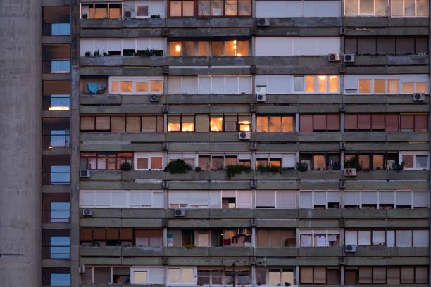 istock Building with sun reflecting on windows. Urban communist architecture in New Zagreb 1439456697