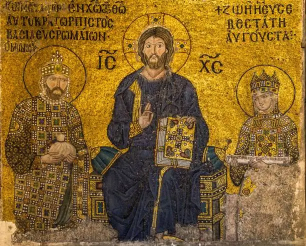 A closeup shot of the Zoe mosaic inside the Hagia Sophia Museum  in Istanbul Turkey