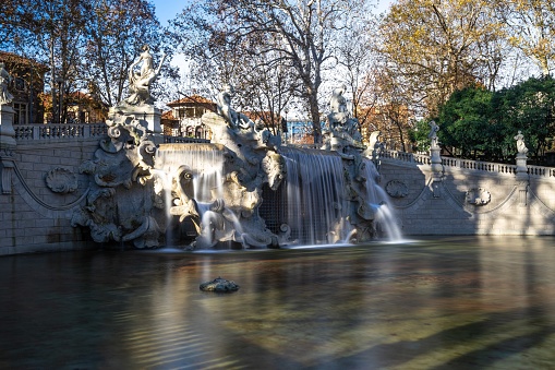 A panoramic shot of The Fountain of the Twelve Months at Valentino Park, Turin, Italy
