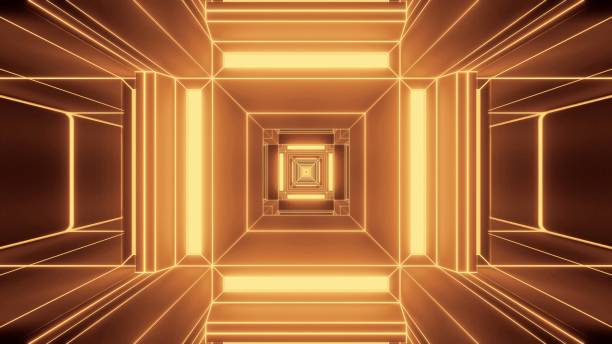 istock Illustration of golden lights in rectangular shapes flowing into a single direction 1439457264