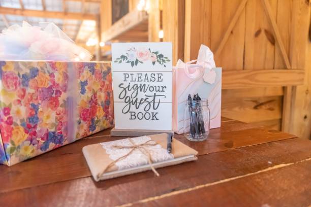 istock Closeup shot of event objects on the table with a white panel entitled 