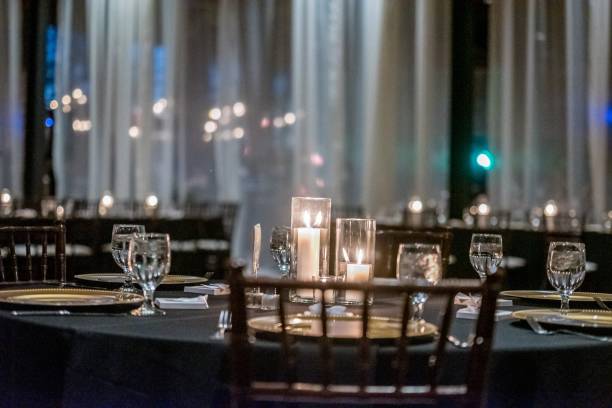 istock Closeup shot of an elegant wedding table setting in the hall 1439458203