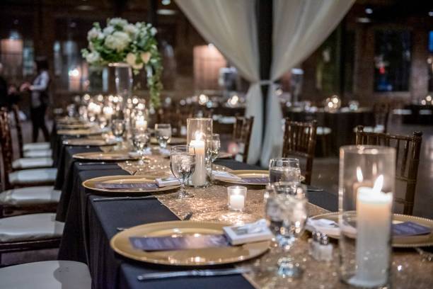 istock Closeup shot of an elegant wedding table setting in the hall 1439458289