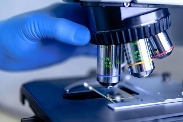 istock Closeup shot of laboratory microscope lens for conducting coronavirus research 1439459636