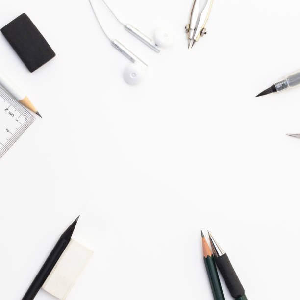 istock Background with white paper, pencils and eraser. Workplace for the painter. Background to display the logo and lettering. copyspace, space for text. the blogger instrument. Office tools. 1439461243