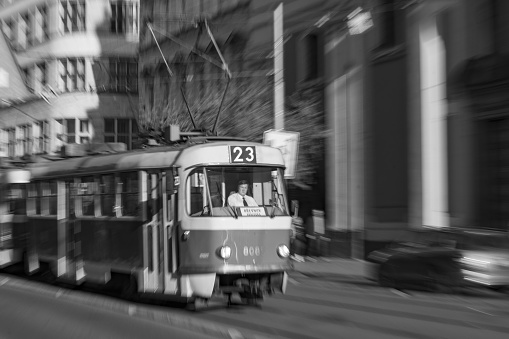 Prague, Czech Republic – August 15, 2018: Prague tram in motion. Black and white photography