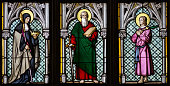 Stained Glass window in St. Vitus Cathedral depicting Saint Gisela, Saint Paul, and Saint Rudolph