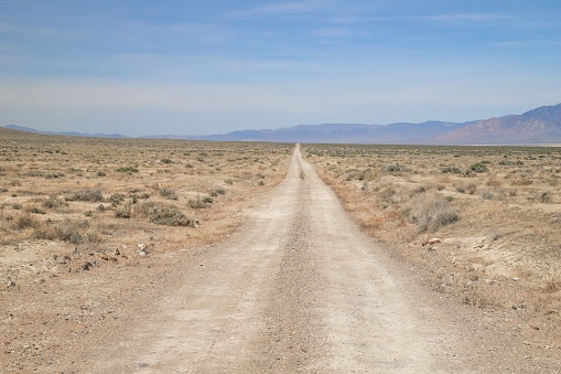 Jersey Valley, Nevada, United States – May 09, 2020: A dirt double track road runs through the barren Nevada desert.