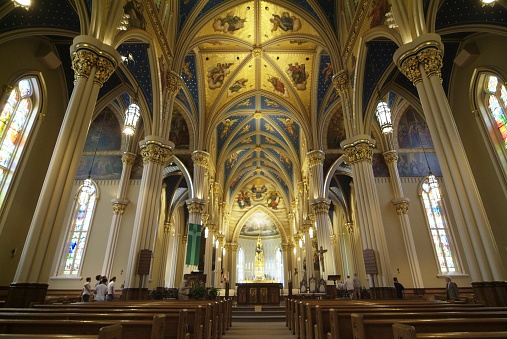 Notre Dame, United States – February 20, 2008: Interior view of the Basilica of the Sacred Heart church in Notre Dame, Indiana.