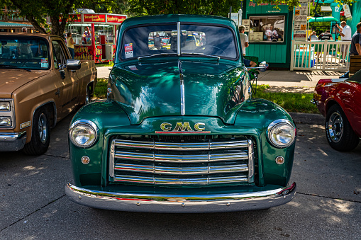 Des Moines, IA - July 01, 2022: High perspective front view of a 1949 GMC 100 Half Ton Pickup Truck at a local car show.