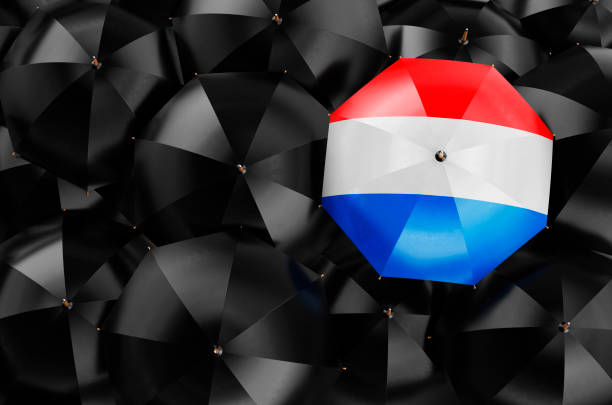 Umbrella with Luxembourgish flag among black umbrellas, top view. 3D rendering