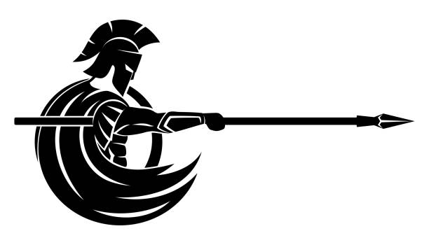 Spartan warrior with spear and shield. Spartan warrior with spear and shield icon on white background. spear icon stock illustrations