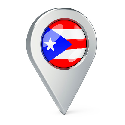 Map pointer with flag of Puerto Rico, 3D rendering isolated on white background