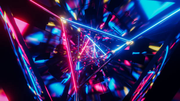 istock Motion graphic of flying into rotation triangle digital tunnel. 3D rendering illustration. 1439468204