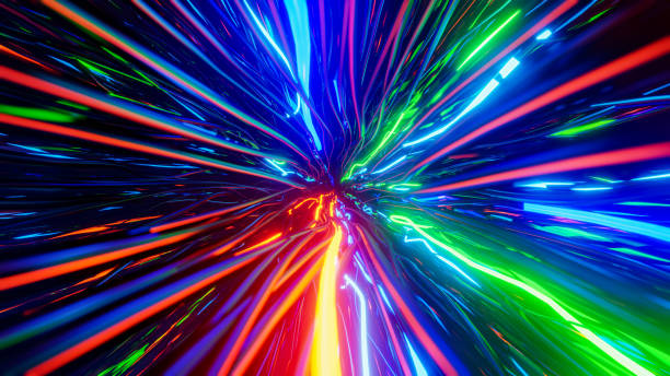 voando dentro de cabos ópticos multicoloridos. ilustração de renderização 3d. - unhealthy eating flash - fotografias e filmes do acervo