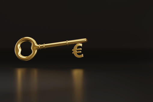 Golden key with euro sign with copy space. 3d illustration.