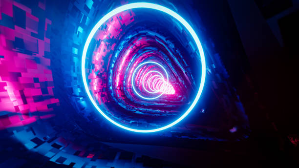 volare all'interno di un tunnel con anelli blu. illustrazione di rendering 3d. - neon light disco lights illuminated nightlife foto e immagini stock