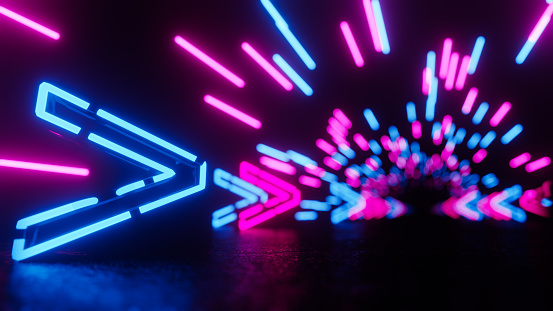 Red blue neon background with glowing gradient arrows, showing forward direction. 3D rendering illustration..