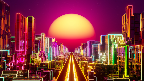 Flying over the neon city at sunset. 3D rendering illustration.