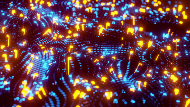 istock Animated wave moving structure of blue cubes with glare and radiance. 3D rendering illustration 1439469923