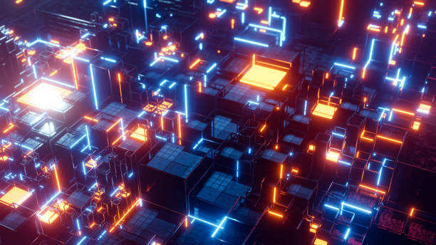 istock Sci-fi city has glowing neons and a bright window. 3D rendering illustration 1439470145
