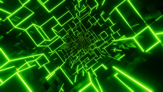 Flying through a tunnel of green neon cubes. 3D rendering illustration.