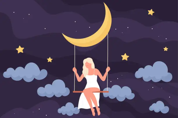 Vector illustration of Girl sitting on swing hanging from moon at night, woman flying in sleep amongst stars