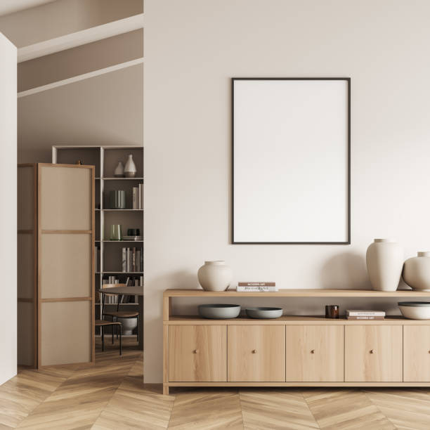 istock Stylish living room interior with drawer and decoration, mockup frame 1439472583