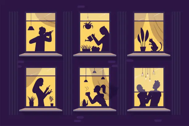 Vector illustration of Shadows of people in windows of house at night, silhouettes of girl and man, couple