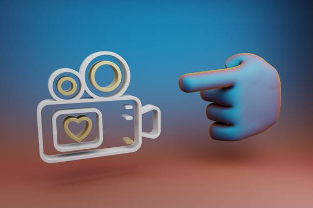 istock Beautiful illustrations abstract Hand index finger points to Video Camera with heart symbol icon on a multicolor bright background. 3d rendering illustration. Background pattern for design. 1439473025