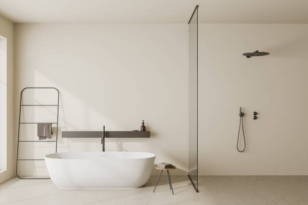istock Front view on bright bathroom interior with bathtub, shower 1439474780