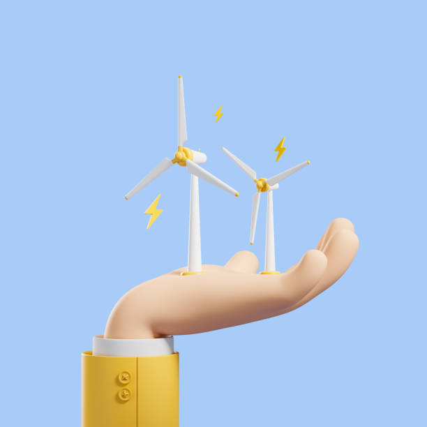 istock Cartoon hand with wind power station on blue background 1439474937