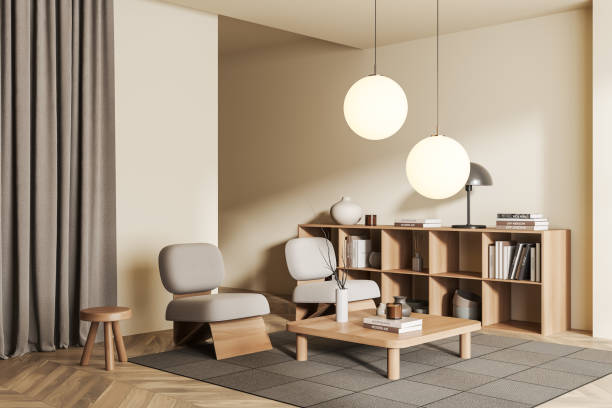 istock Light relaxing room interior with two seats, shelf with decoration 1439474997