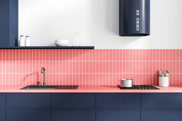 istock Colorful kitchen interior with cooking area, sink and minimalist kitchenware 1439475017