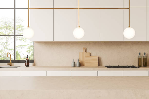 istock Modern kitchen interior with countertop and kitchenware, cooking area and window 1439475049
