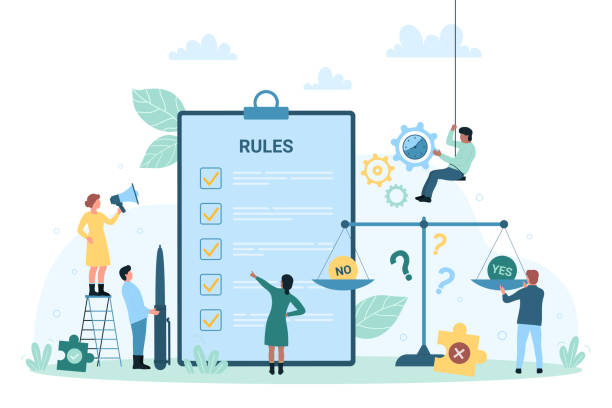 Regulation and compliance rules, tiny people reading and understanding law document Regulation and compliance rules vector illustration. Cartoon tiny people reading and understanding law information document in paper checklist on clipboard, regulatory agreement and principle of work rules stock illustrations