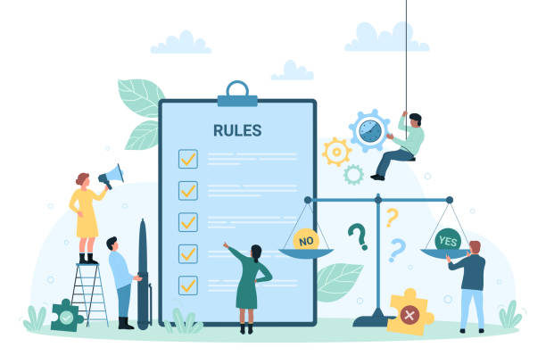 Regulation and compliance rules, tiny people reading and understanding law document Regulation and compliance rules vector illustration. Cartoon tiny people reading and understanding law information document in paper checklist on clipboard, regulatory agreement and principle of work academic integrity stock illustrations