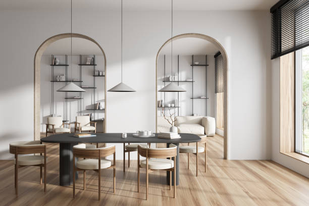 istock Stylish living room interior with eating and relax area, panoramic window 1439476929