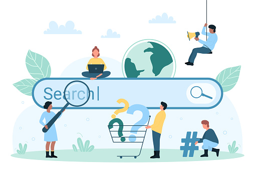 Online web search service vector illustration. Cartoon tiny people look through magnifying glass to explore internet, millennial characters use browser search engine to find answers to questions