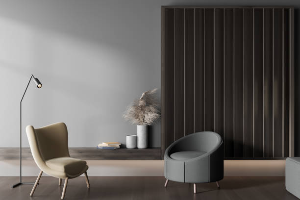 istock Grey chill interior with seats and shelf with decoration. Mockup empty wall 1439477372