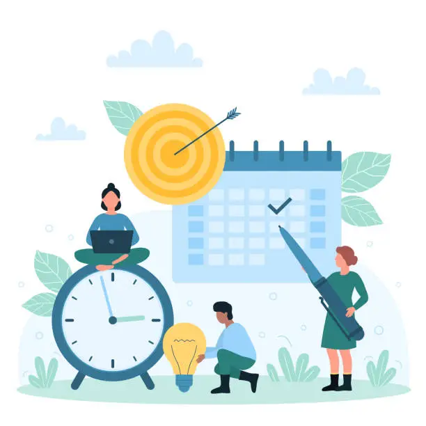 Vector illustration of Achievement of business goals, time management success, tiny people planning events