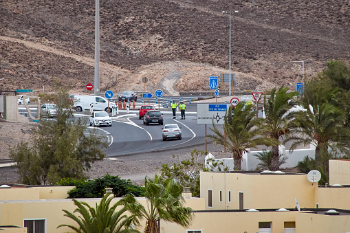Traffic police check at a road junction on the Spanish island of Fuerteventura